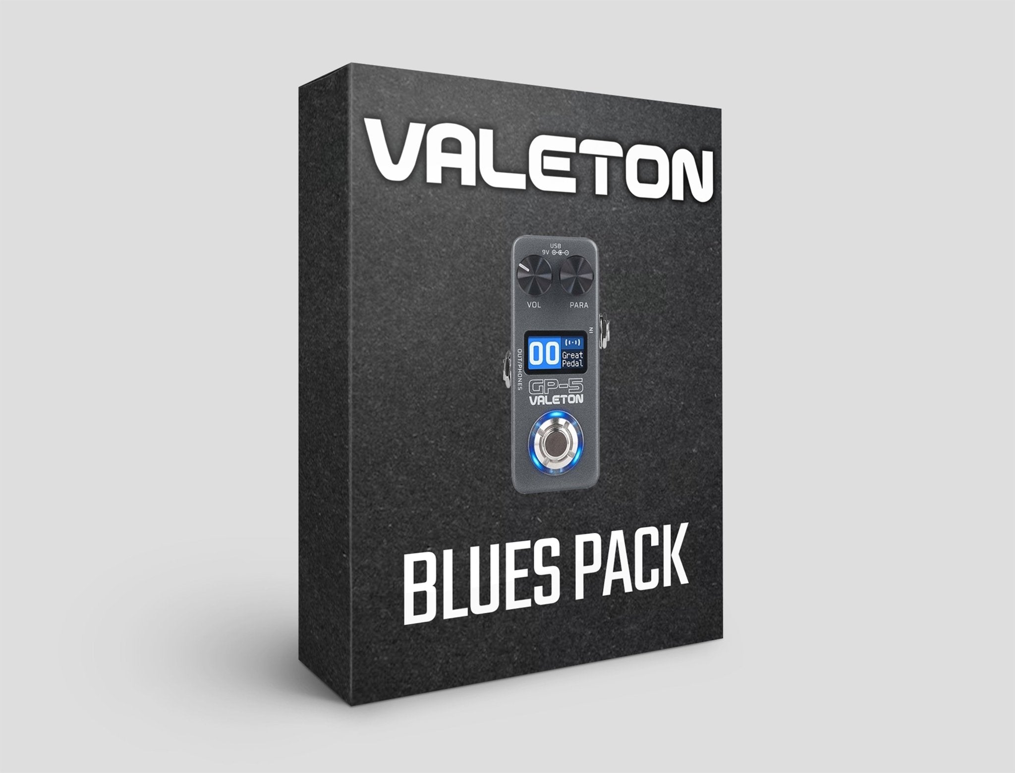 Valeton Blues Pack box showcasing blues guitar presets and features for classic tones.